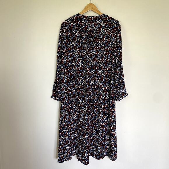 Zara Floral Button Long Sleeve Midi Swing Dress in Wine Red & Blue Medium - Picture 10 of 10